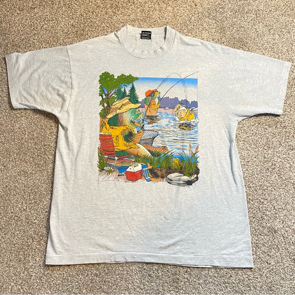Vintage 90s Fishing Artwear Comic Tee, Men’s XL, Single Stitch, Father’s Day
